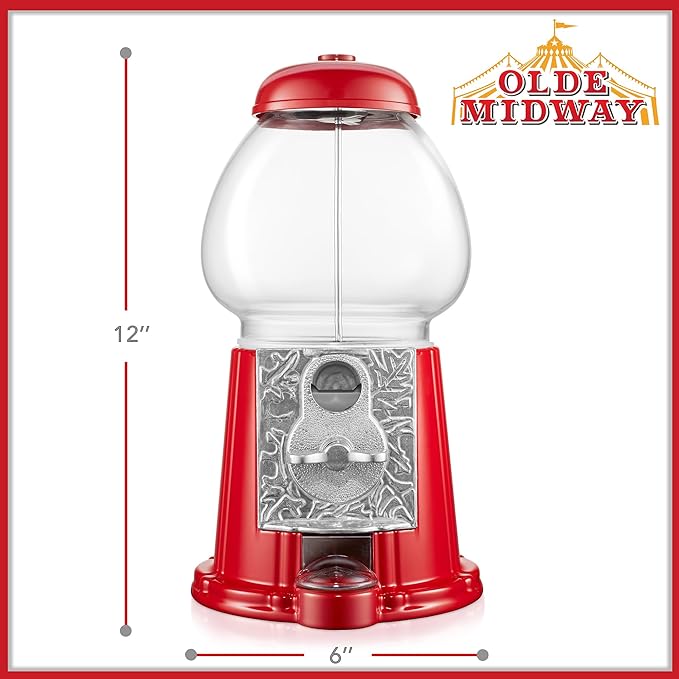 Olde Midway 12" Gumball Machine with Glass Globe and Metal Base - Red, Vintage-Style Bubble Gum Candy Dispenser