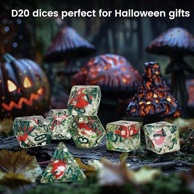 OriCraft Mushrooms Dice DND Dice Set with Poisonous Mushrooms Inside Dungeons and Dragons Polyhedral Role Playing Gaming Dices D20 Dice 7 Set Halloween Dices
