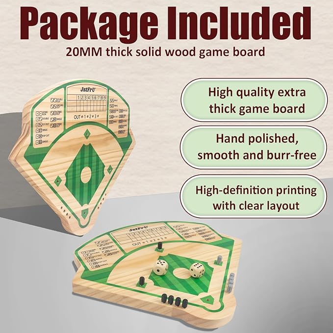 Baseball Board Game,Wooden Baseball Game,20mm Thick Wooden Board with 10 Pieces & Dice,Markers,Great for Family Game Night, Party and Road Trip, Portable