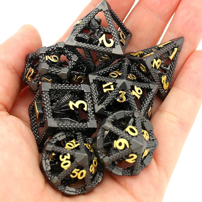 D&D Dice, HNCCESG Metal Dice Set Polyhedral Hollow Role Playing D and D Starter Dice for RPG MTG Table Board Games (3D Black)