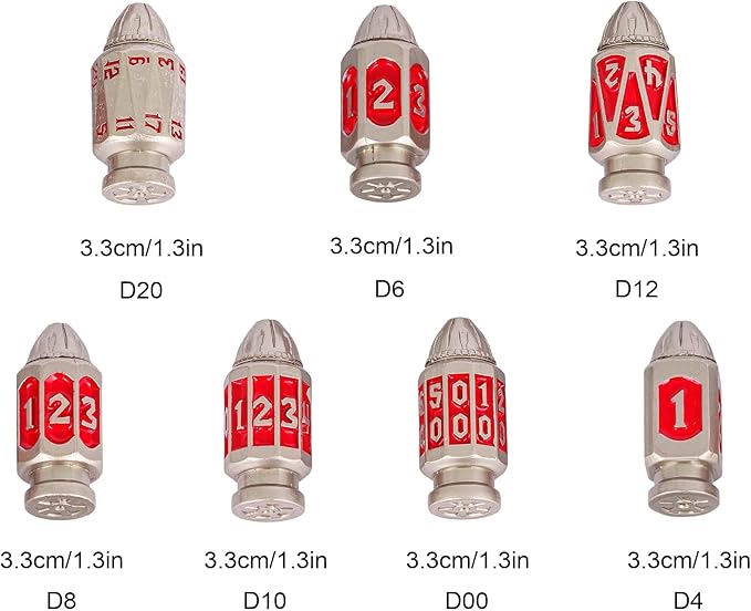 UDIXI Metal Dice Set D&D 7-Die RPG Polyhedral Bullet Dice Set Cyberpunk Style with Metal Container for Role Playing Game or Other Tabletop Games(Nickel Red)