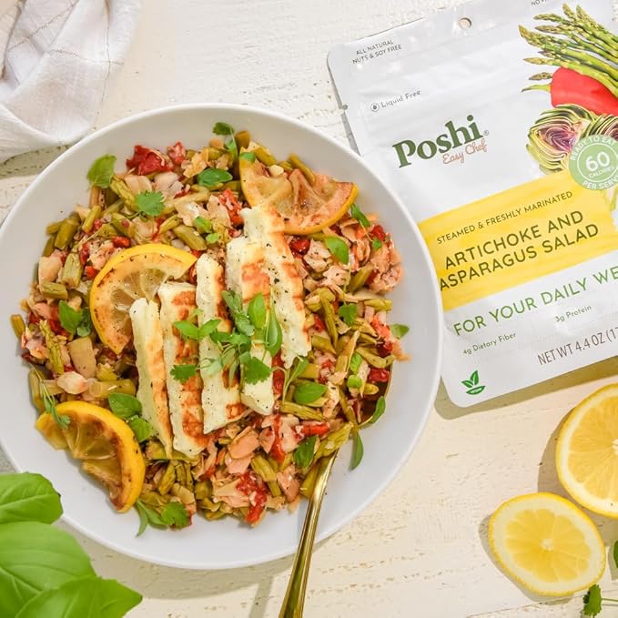 POSHI Artichoke & Asparagus Salad Natural, Keto, Vegan, Non GMO, Low Carb + Calorie, Gluten Free, Ready to Eat, Fully Cooked Vegetables, Pentry Food, Gourmet, Healthy, Travel Food, 6 Pack, 4.4 oz