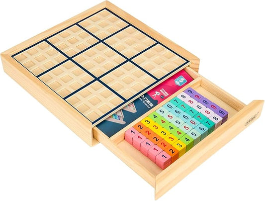 Wooden Sudoku Puzzles Board Game with Drawer (Colorful) - Math Brain Teaser Toys Educational Desktop Game Train Logical Thinking Ability