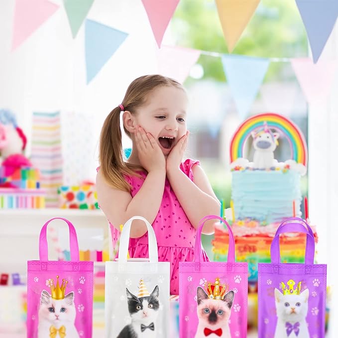 24 Pcs Cat Party Favor Bag Cute Cat Goodie Bags Pet Party Favor Shopper Pet Themed Treat Supplies Non Woven for Baby Shower Birthday Decoration Supplies