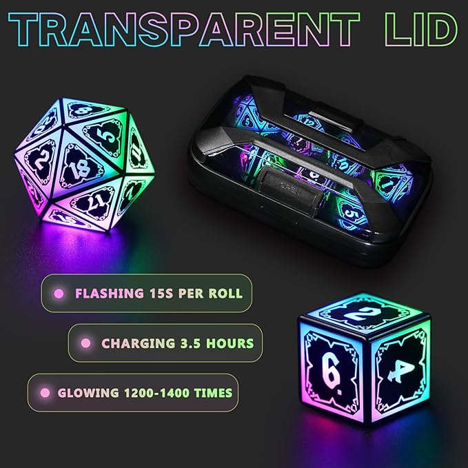 Light Up Dice Set D and D for Dungeons and Dragons 4 in 1 Color, Cool LED DND Dice with Charging Box Rechargeable Polyhedral Role Playing Dice for DND Gifts RPG (Astral Shard Mixed Colors)