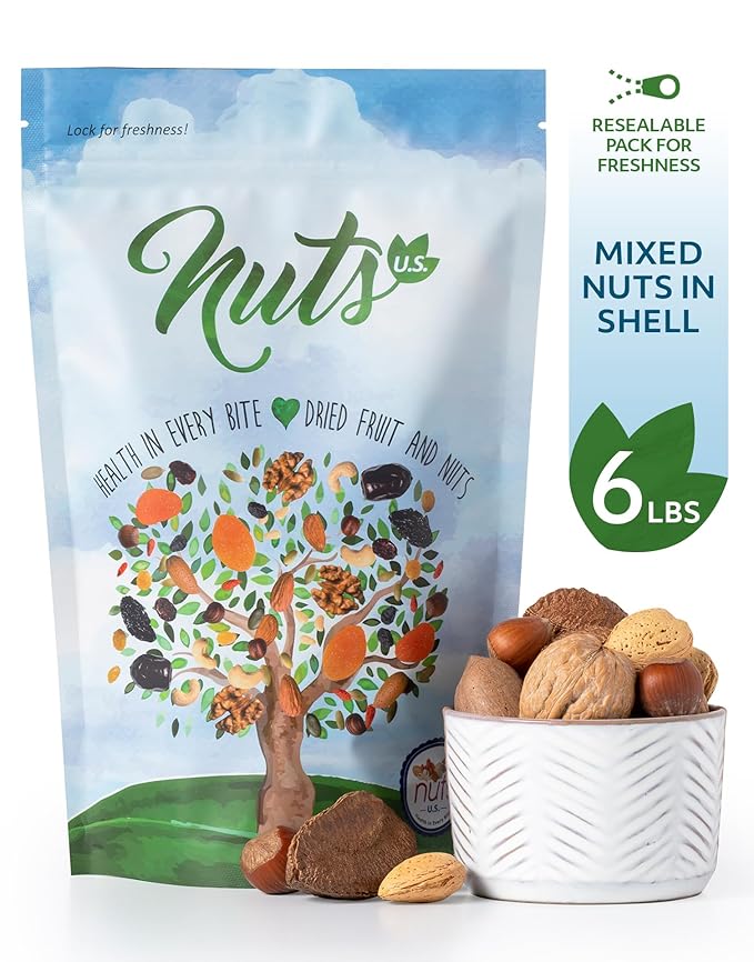 NUTS U.S. – Mixed Nuts In Shell (Almonds, Walnuts, Hazelnuts, Pecans, Brazil Nuts) | No Added Colors and No Artificial Flavors | Fresh Buttery Taste and Raw |Packed In Resealable Bags!!! (6 LBS)
