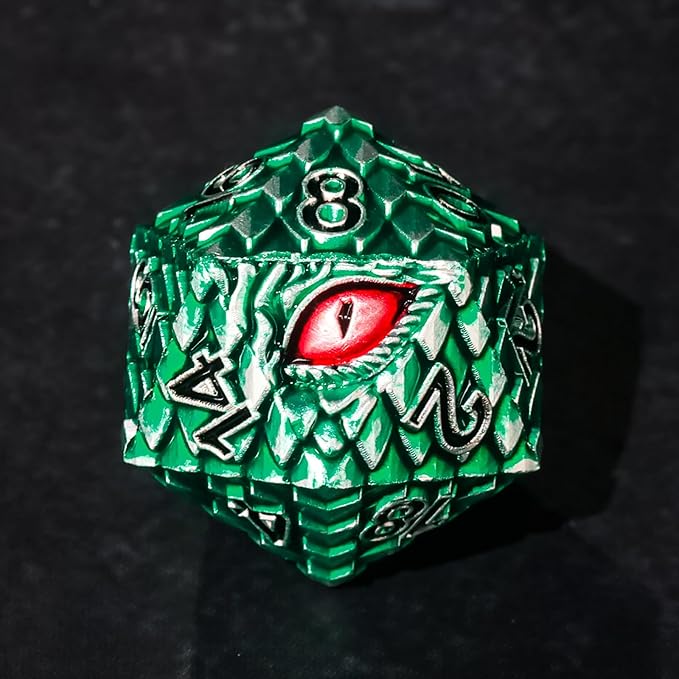 Metal Dice Set D&D,7 PCS Dragon Scale Metallic DND Dice Set,Dragon Eye Metal Dice with Gift Metal Box for Dungeons and Dragon Tabletop Game (Green Dragon Scale & Red Eye)