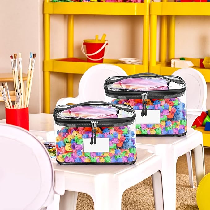 Aliceset 8 Pack 13.5 inch Extra Large Clear Toy Storage Bag with Name Tag Pocket Reusable Clear PVC Board Game Storage Travel Waterproof Bags with Zipper for Building Blocks Puzzle Books