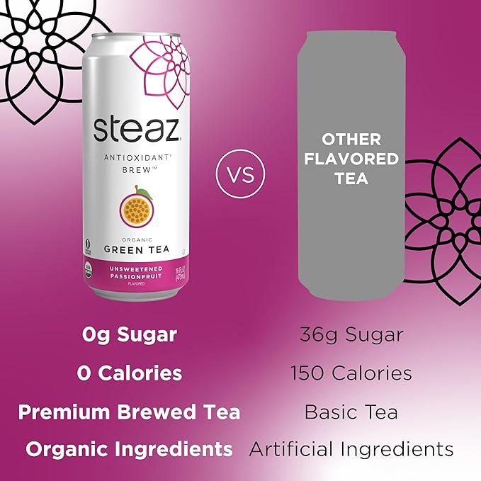 Steaz - Organic Green Tea - Unsweetened Passionfruit (12 Pack) - Antioxidant Brew - 65mg Natural Caffeine, Zero Sugar, 0 Calories, Vitamin C - Unsweetened Iced Tea - Vegan - 12 Cans, 16 fl oz (473mL)