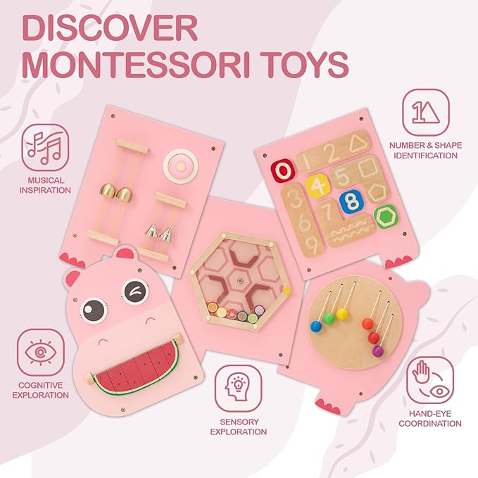 Monläurd® Hippo Montessori Busy Board, Sensory Board, Educational Toys, Sensory Wall Panel, Wall Toys, Daycare Furniture, Playroom Furniture, Learning Toys, Boys and Girls 6 M+