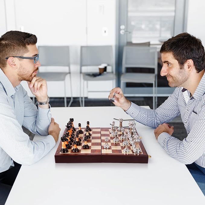 15" Metal Chess Sets for Adults with Zinc Alloy + Acrylic Chess Pieces & Portable Folding Wooden Chess Board Travel Chess Set Board Game Gift – Elegant Metal Chessmen & Storage Box