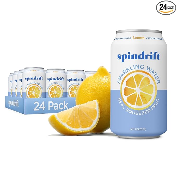Spindrift Sparkling Water, Lemon Flavored, Made with Real Squeezed Fruit, 12 Fl Oz Cans, Pack of 24 (Only 3 Calories per Can)