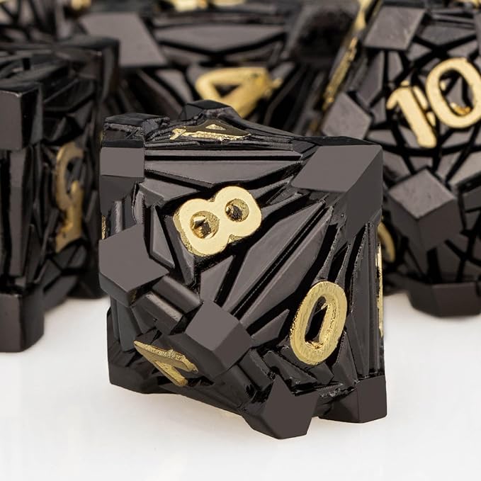 7PCS Metal DND Dice Set with Box, Debris RPG Black Gold D and D Dice for use with D&D Tabletop Games Role Playing Game Polyhedral Dice Set D20 D12 D10 D8 D6 D4