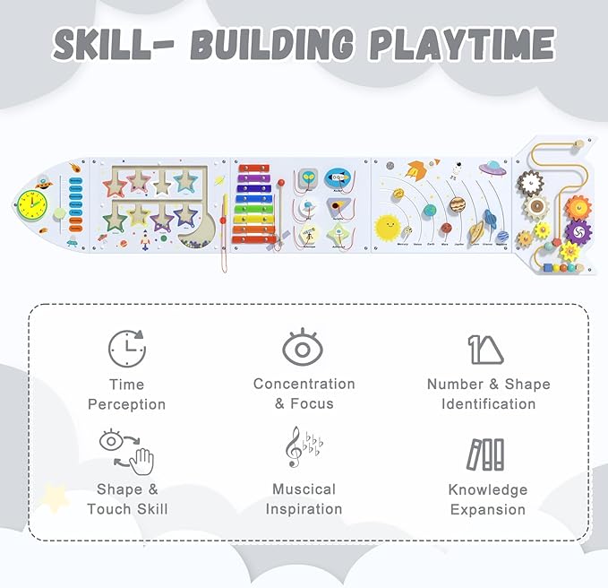 Rocket Sensory Wall Panel for Kids - Montessori Toddler Activity Board, Busy Board Panels, Wall Toys for Toddlers 3, Activity Cube, White Grey