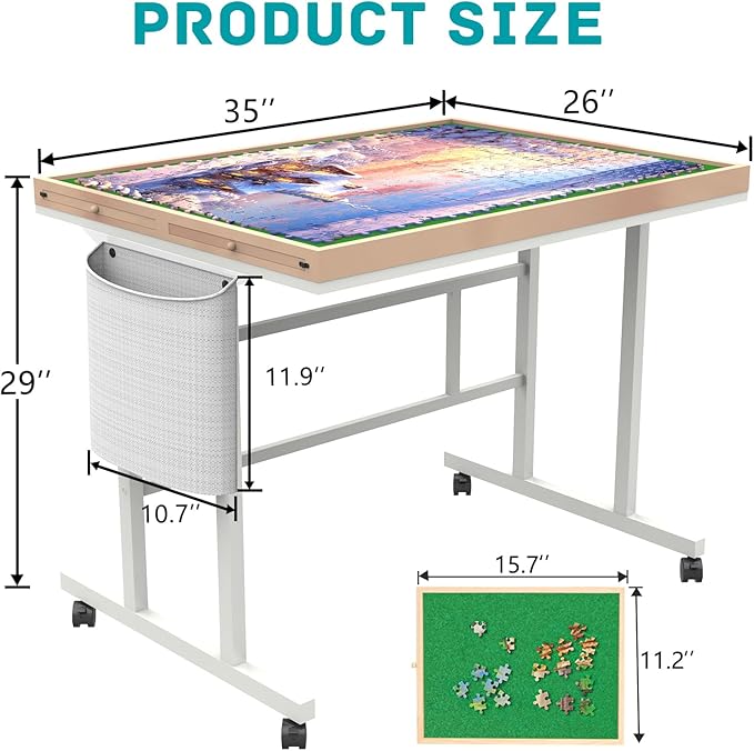 Jigsaw Puzzle Table 1500pcs,Puzzle Table with Legs and Storage Pocket,5 Adjustable Up Level Puzzle Tables for Adults with Drawers and Wheels,Wooden and Green Color