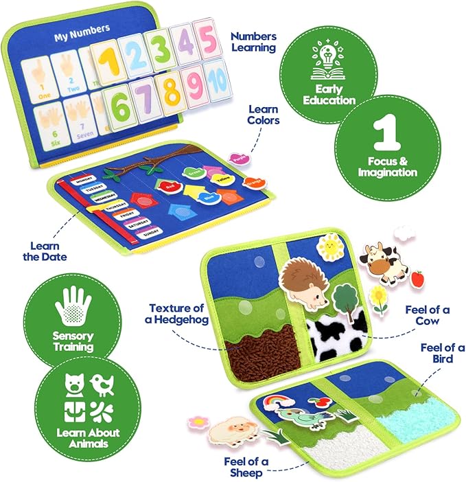 Toddler Sensory Busy Board: Travel Toy Activity Book for Girls Boys, Motor Skill Development Gift for Baby Aged 3-4 Years, Fine Educational Preschool Montessori Learning Toy for Car Airplane Dinosaur