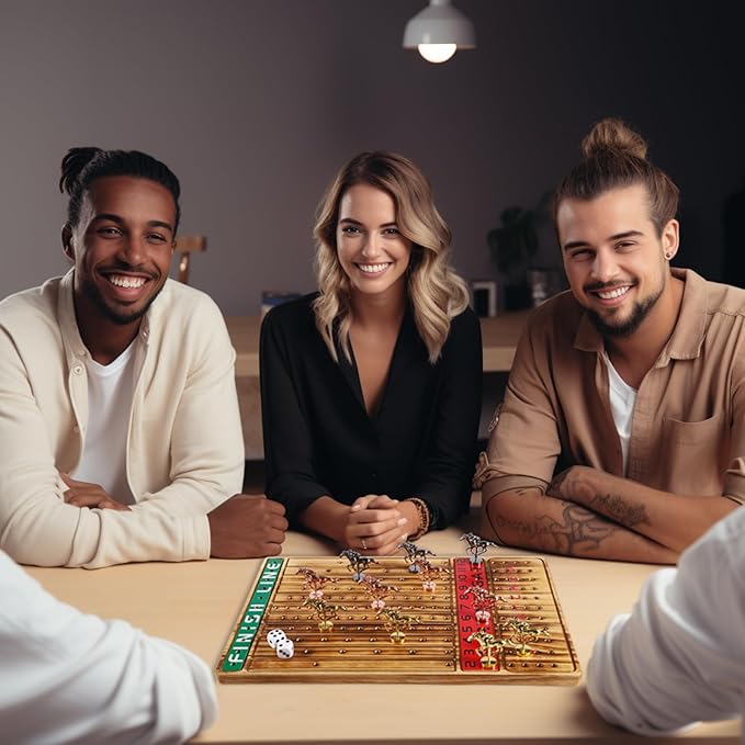 Horse Racing Board Game Thickened Solid Wood Finish Line Horse Race Game with 11 Metal Horses with 2 Sets of Dice,2 Boxes of Cards and 100 Poker Chips for Parties and Gambling