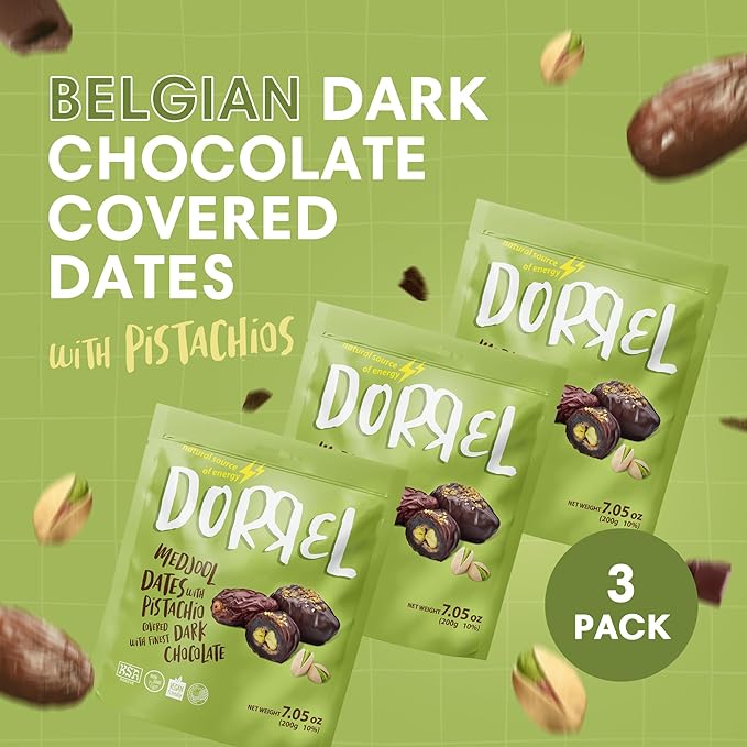 DORREL - Belgian Dark Chocolate Covered Dates (Medjool) with Pistachio Stuffing, High Energy Vegan Choco Snack, Delicious, Kosher & Non-GMO, Pack of 3 Stuffed Chocolate Dates, 7.05 oz / 200 g Ea