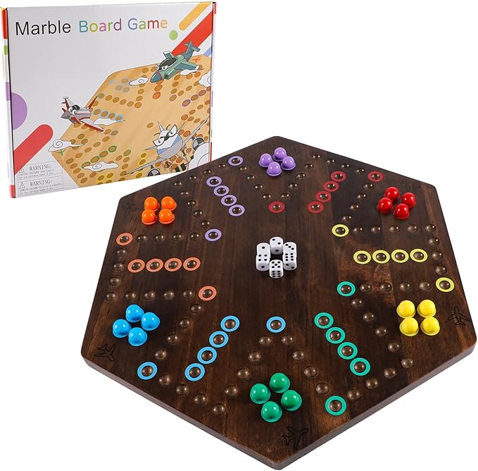 Large Size 20 inches Wood Wahoo Marble Board Game 2 Sided Game 4-6 Player for Friends and Family Party,Classic Stragecy Trouble Game with 6 Dices,24 Marbles(Rustic Brown)