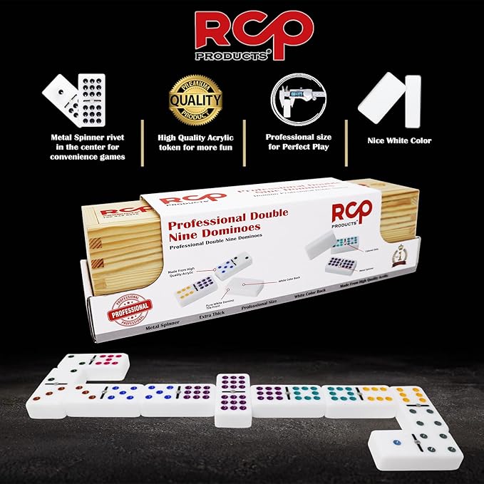 Dominos Set for Adults – Professional Double 9 Dominoes Set of 55 Tiles for Adults, Metal Spinner, Classic and Travel Board Game with Wood Case Juegos de Mesa (White)