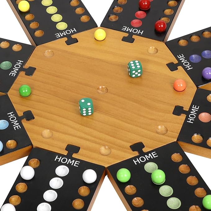 Marble Board Game,Wooden Board Game for 6-8 Players,Portable Design Marble Game with 32 Marbles 16 Dice, Family Game Night Gift for Kids & Adults