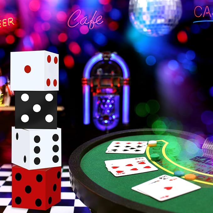 4PCS Large Casino Dice Boxes 11 Inch Casino Theme Party Decoration Jumbo Giant Dice Favor Boxes Bulk for Board Game Night Table Centerpiece Las Vegas Graduation Prom Birthday Party Supply, Multicolor