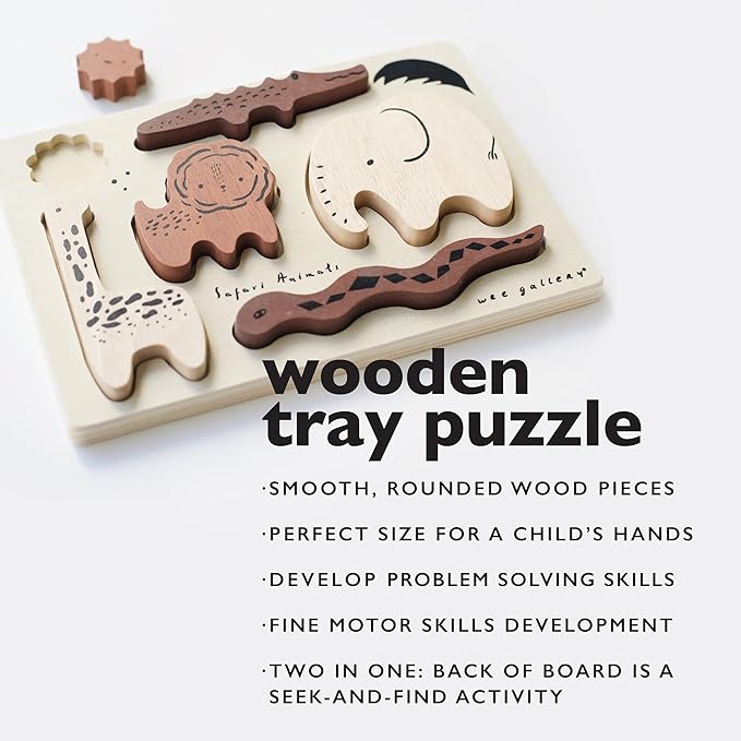 Wee Gallery Wooden Tray Puzzle Safari Animals, Montessori Toy for Toddlers and Preschoolers for Early Learning and Fine Motor Skill Development, Sustainable Educational Puzzle for Kids