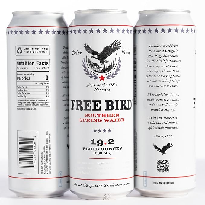 Free Bird, Southern Spring Water, 12-Pack (19.2oz Tallboy Cans) – Crisp & Clean Blue Ridge Mountain Water, Naturally Sourced