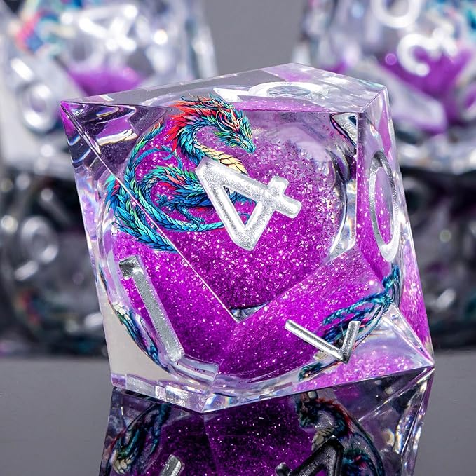 Dragon Pattern Liquid Core DND Dice Set, 7Pcs Sharp Edge D&D Dice with Gift Box, Resin Purple Dungeons Dragons D and D Role Playing Dice D20 D12 D10 D8 D6 D4