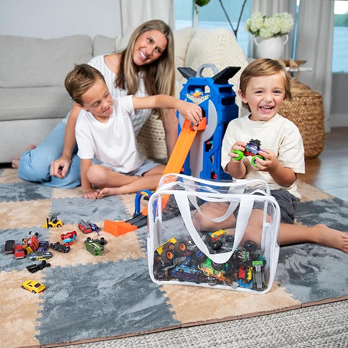 4 Pack Extra Large Toy Storage Clear Bags with Zipper 12"x10"x7" Clear Plastic Bins with Handle, Toy Organizer for Kids playroom, Blocks, Clothes, Stuffed Animal Storage