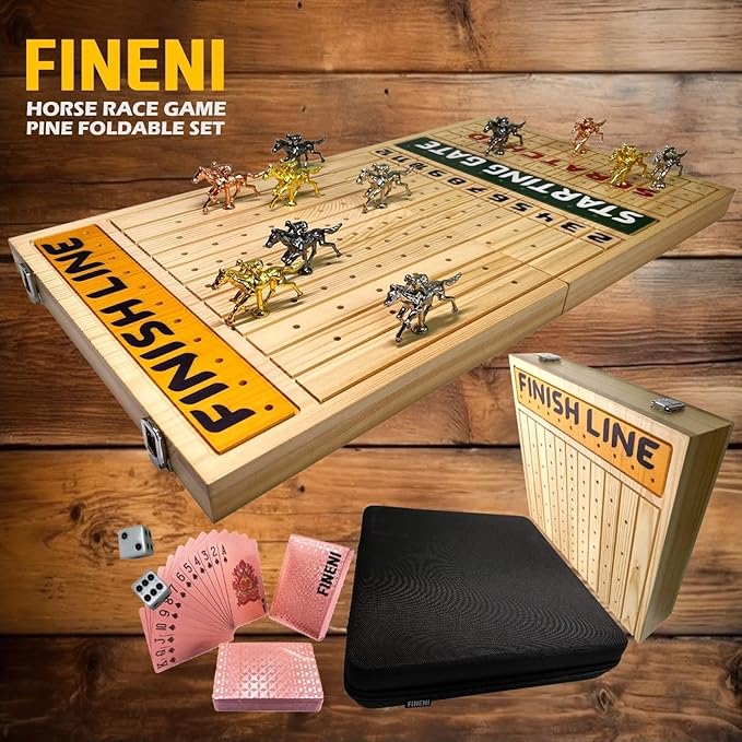 Horse Racing Game for Adults, Foldable Horse Race Board Game with 11 Luxurious Metal Horses (Gold, Silver, Black, RoseGold), 22” Pine Wood Horse Race Game Board, Dice & RoseGoldCard (Log Color)