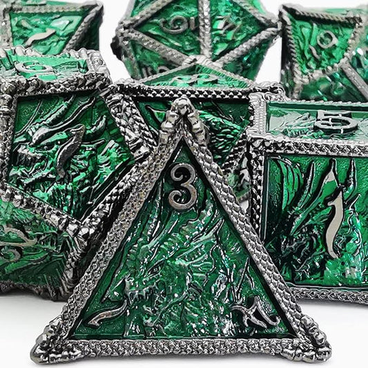 HAOMEJA Metal Dice DND Dragon Dice Set 7 Role Playing Dice D&D Solid Dice Dungeons and Dragons (Black Nickel Green)