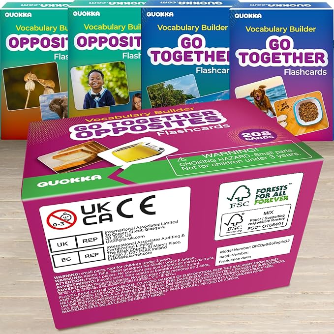 QUOKKA 208 Vocabulary Flash Cards Set - Go Together and Opposites Matching Card Game with Realistic Images for Pre-K and Kindergarten - Perfect for Teachers, Parents, and Speech Development Activities
