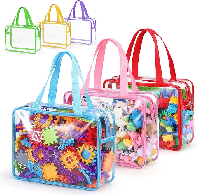 6 Packs Large Toy Storage Bags,Clear Waterproof PVC Toy Storage Organizer with Zipper,Reusable Travel kids Organizer Bags for Board Game,Building Blocks and Puzzles,Colorful