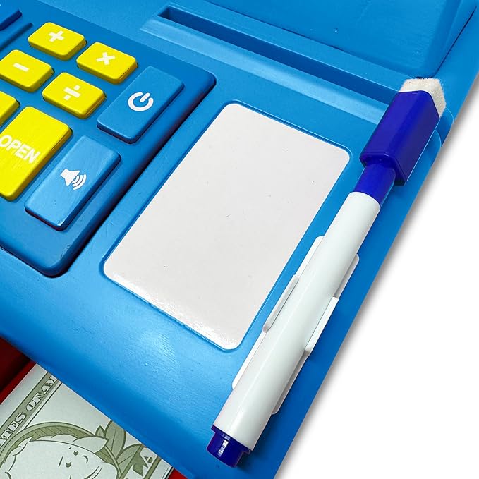 Dr. STEM Toys Solar Powered Calculator Pretend Cash Register with Play Money – 67-Piece Set for Learning Math Skills, STEM Cash Register for Kids, Blue