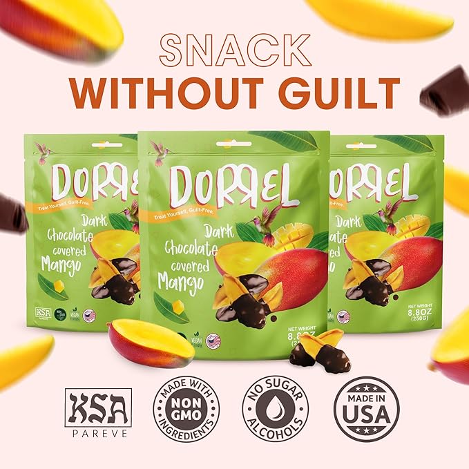 DORREL - Belgian Dark Chocolate Covered Mango Slices, High Energy Vegan Choco Snack, Delicious, Kosher & Non-GMO, Pack of 3 Dark Chocolate Fruit Bites, 8.8 oz / 250 g Ea