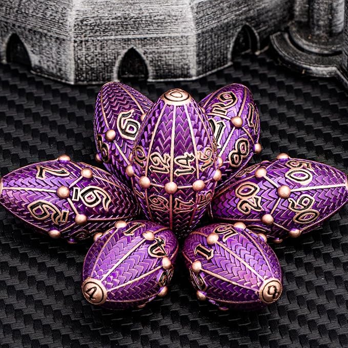 ARUOHHA DND Metal Dice Copper Purple Dragon Egg Dice with Rotating Dragon Egg Shell, Role Playing Game RPG Polyhedral D and D Dice Set D20 D12 D10 D8 D6 D4