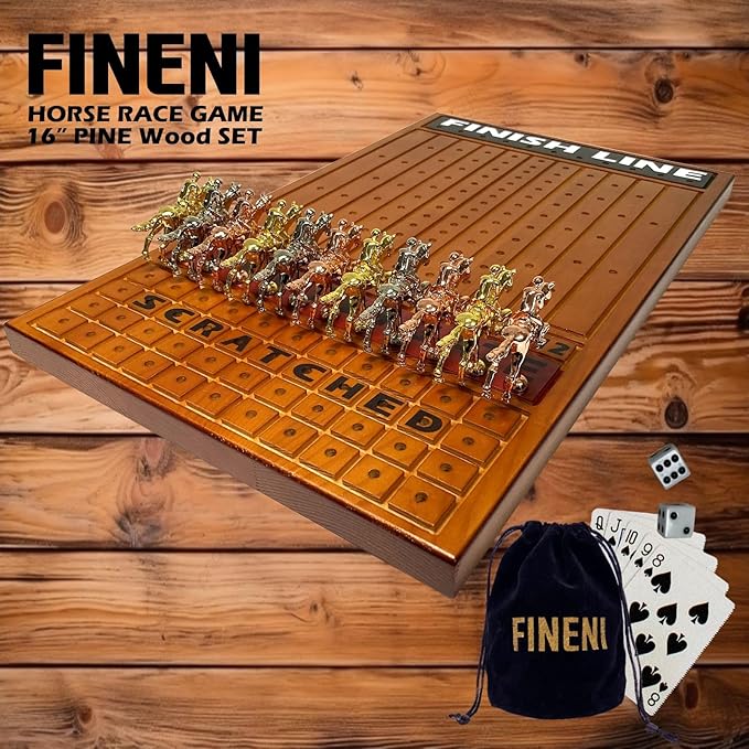 Horse Racing Game for Adults - 11 Luxurious Metal Horses (Silver, Black, Rose Gold), 16" Dark Pine Wood Race Board, Dice & Card Included (Dark Color)