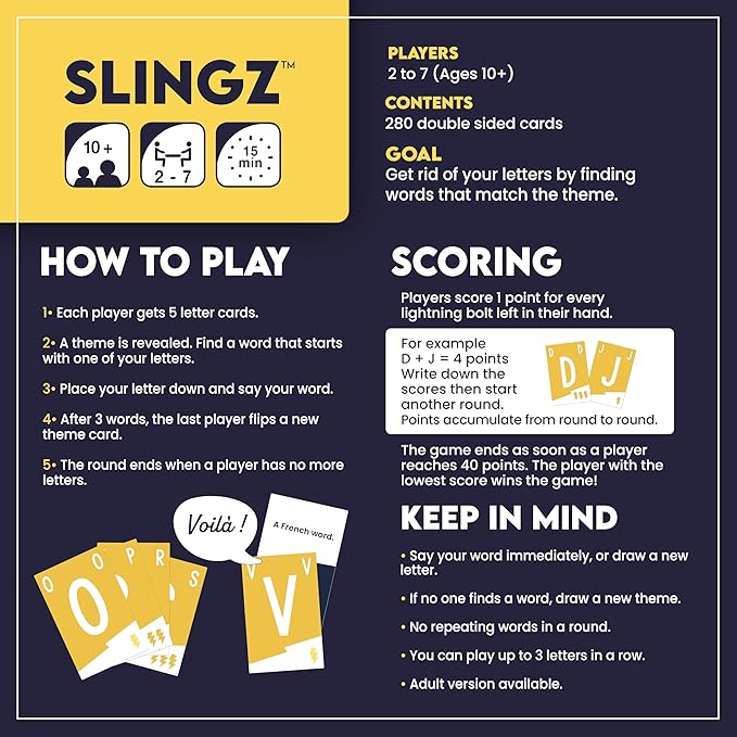 Slingz by Blue Orange Games, Fast and Hilarious Word Card Party Game of Categories for Ages 10 & Up, 2 to 7 Players