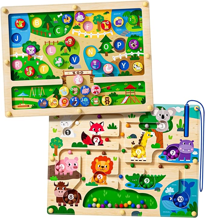 2 in 1 Magnetic Color and Number Maze Magnet Alphabet Counting Dinosaur Double Sided Board Wood Puzzle Fine Motor Skills Montessori Preschool Toys Gifts for Boys and Girls 3-5 Age (Zoo, One Size)