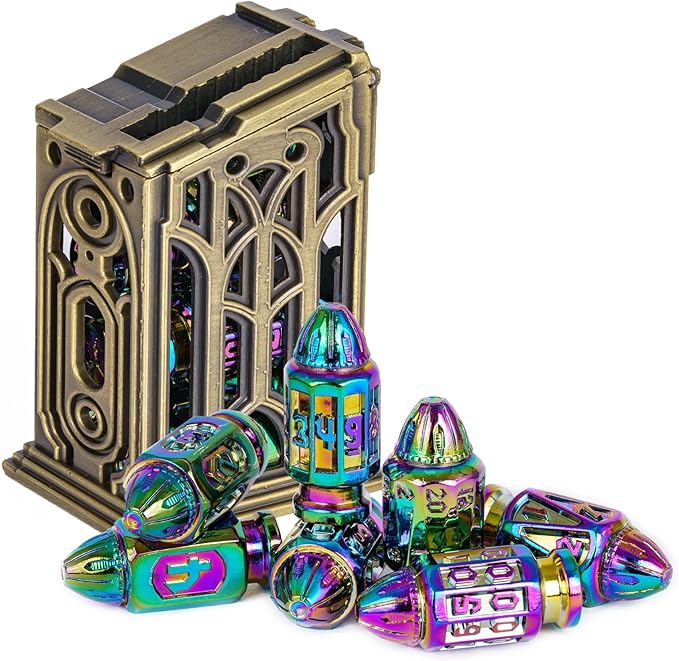 UDIXI Metal DND Bullet Dice Set with Unique Container, 7-Die Polyhedral Dice Set Cool Style for D&D, Role Playing Game or Other Tabletop Games(Colorful)