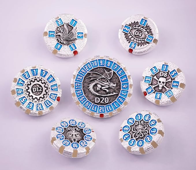 Metal DND Dice Set Spinning Dungeons and Dragon Dice Set Metal Dragon Polyhedral Magic 7 PCS Dice Set with Gift Box for Dungeons and Dragons Table Games Play Cards MTG(GyroDice_Pearl Silver Blue)