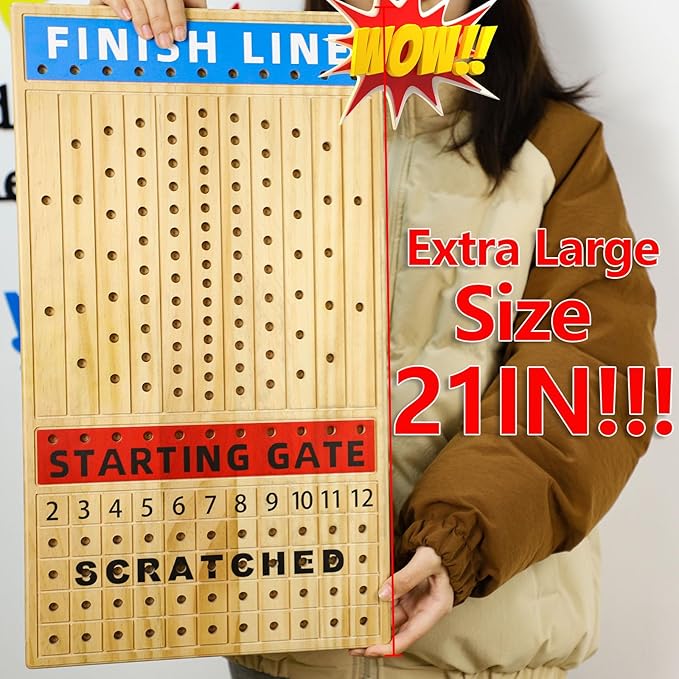 Large 21 inches Horse Racing Board Game with 11 Luxury Metal Horses Thickened Wood Game Chessboard Including Dice and Cards Finish LINE Race Game Board