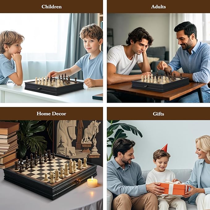 12.5’’ Wooden Chess Set, Magnetic Chess Pieces with 2 Built-in Storage Drawers - Chess Broad Game for Beginner, Kids, Adults - 2 Bonus Extra Queens