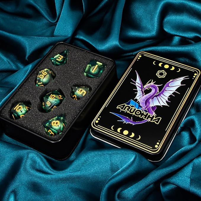 ARUOHHA DND Resin Dice Dragon Eye Liquid Core Polyhedral D and D Dice Set with Gift Box, Green Sharp Edged Dice Role Playing Game D20 D12 D10 D8 D6 D4