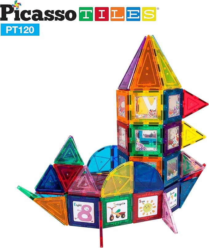 PicassoTiles 120pc Master Builder Magnetic Building Block Construction Set Toy Blocks with Ferris Wheel, Castle Click-in, 28 Educational Alphabet Animal and Number Graphic Card, Car Truck Windmill