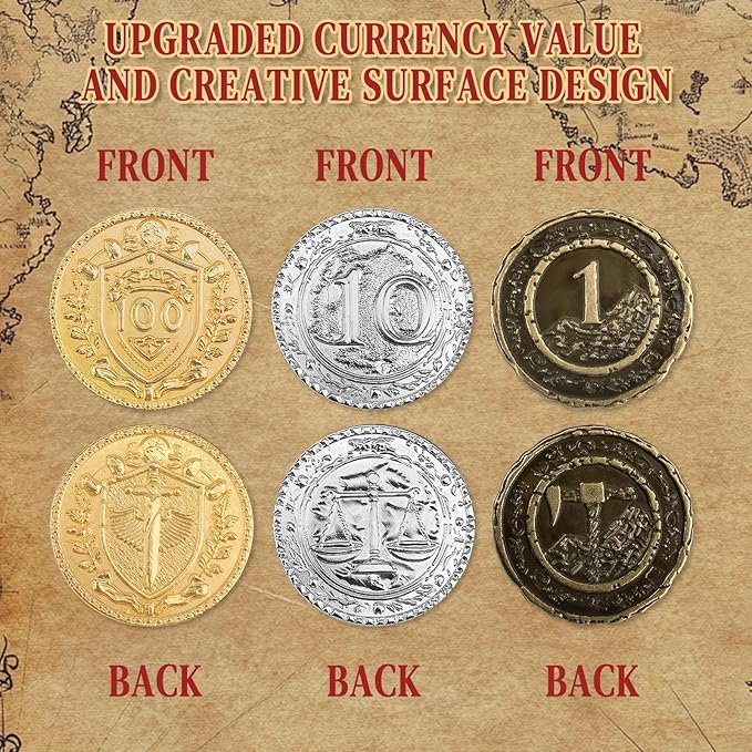 Byhoo 30PCS Metal DND Coins, 1.2" Gold Silver Copper Tokens with Face Value for Board Game and Tabletop RPG, Fantasy Metal Coins for Pirate Game Party Cosplay