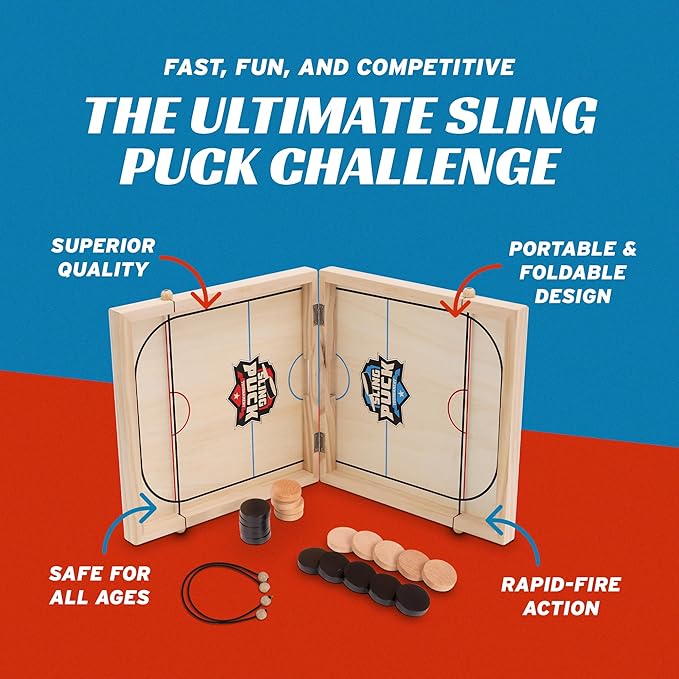 Fast Sling Puck Table Board Game I Wooden Family Indoor Two Player, Table Games for Family - Top Hockey for Adults & Kids, Competitive Parties for Fun