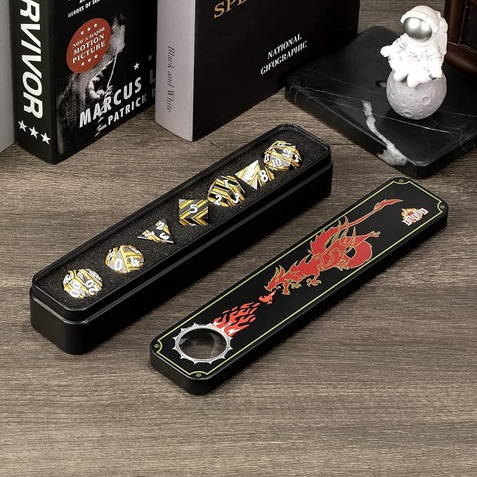Stripe Metal DND Dice Set,DNDND Metallic D&D Dice with Gift Case for Dungeons and Dragons D&D (Gold Stripes)