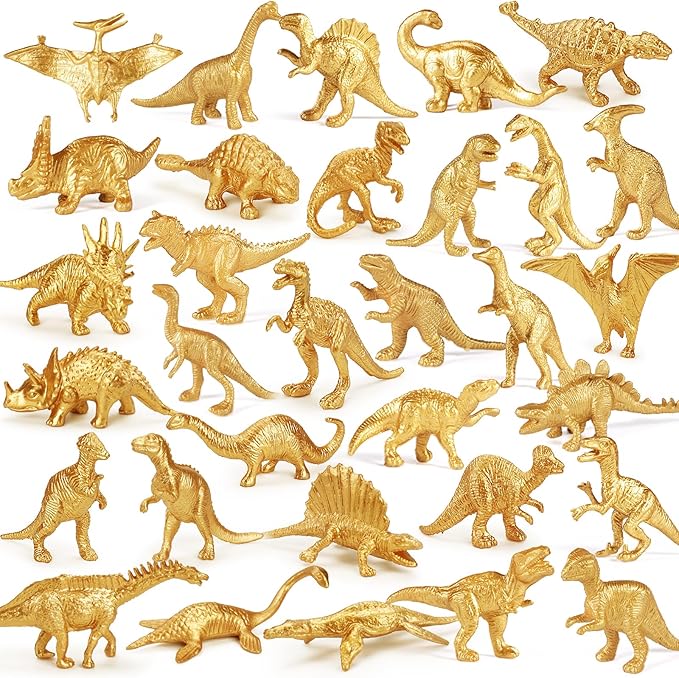 AugToy Gold Plastic Mini Dinosaur Figures Toys 48PCS Party Favors Supplies Birthday Dino Cupcake Toppers Prizes Box Toddler Kids Classroom Goodie Bags Pinata Filler End of Year Student Gifts Bulk